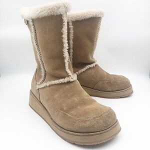 Roxy Shoes Womens 8 Idaho Tan Leather Suede Faux Fur Trim Platform Wedge Boots